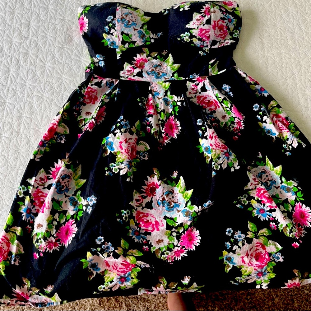 Floral Black Mini Strapless Dress
